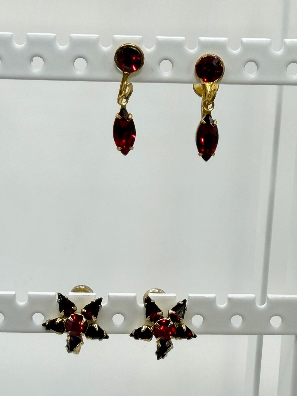 Vintage Red Rhinestone Screw-Back Earrings Set | Mid-Century Gemstone Style